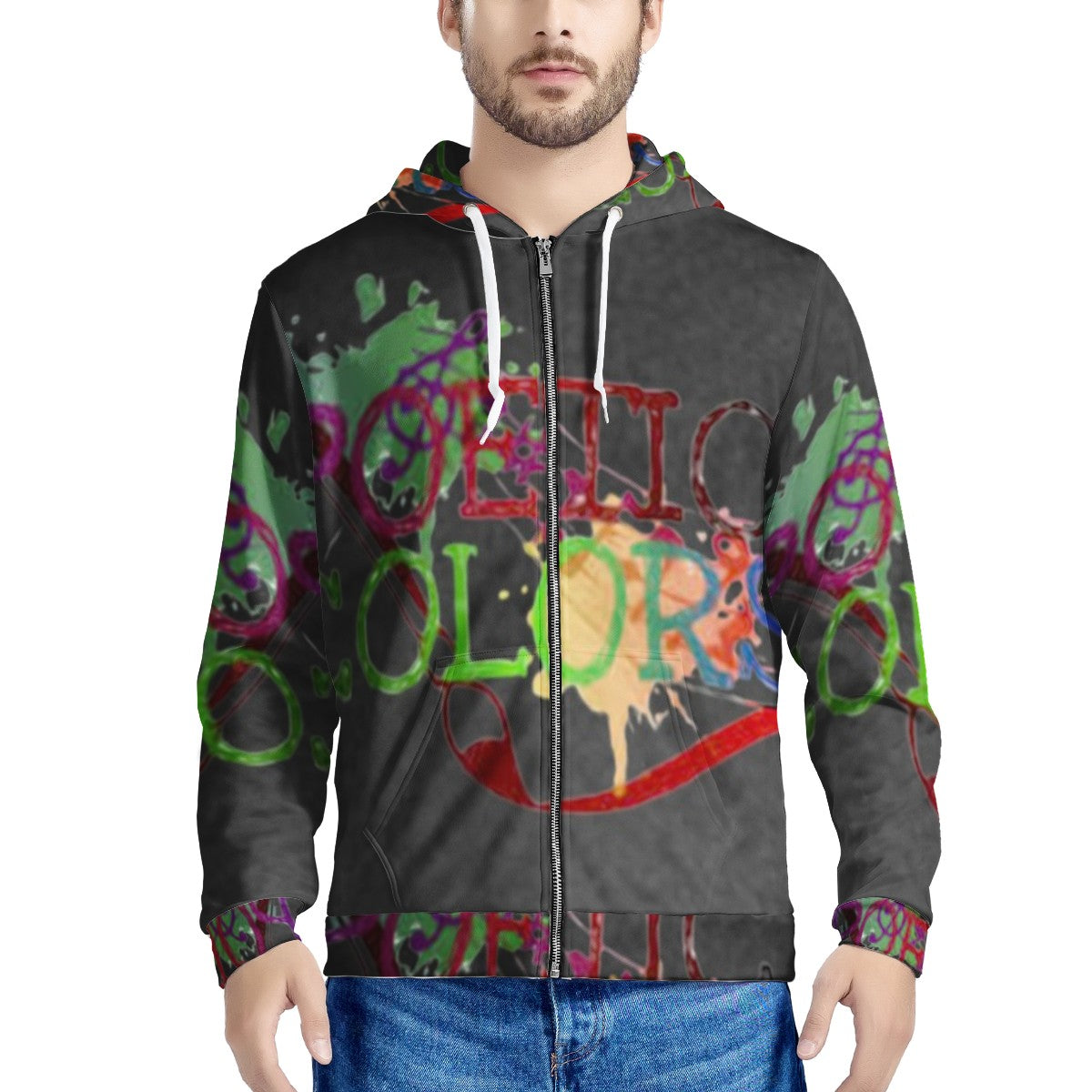 BLACK Men s All Over Print Zip Hoodie Aliyahtrendz