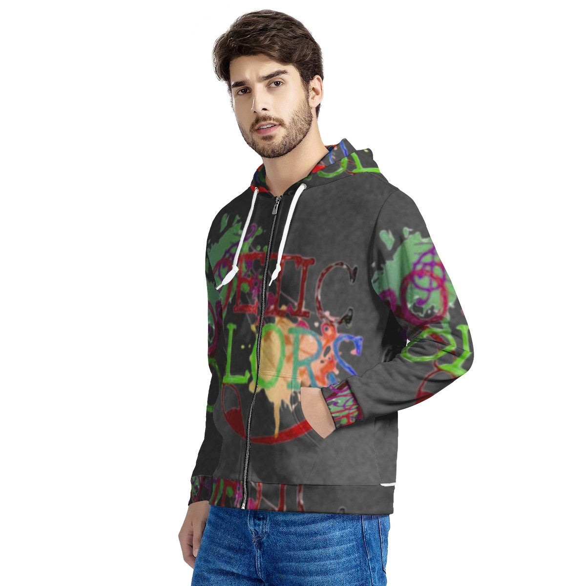 BLACK Men's All Over Print Zip Hoodie